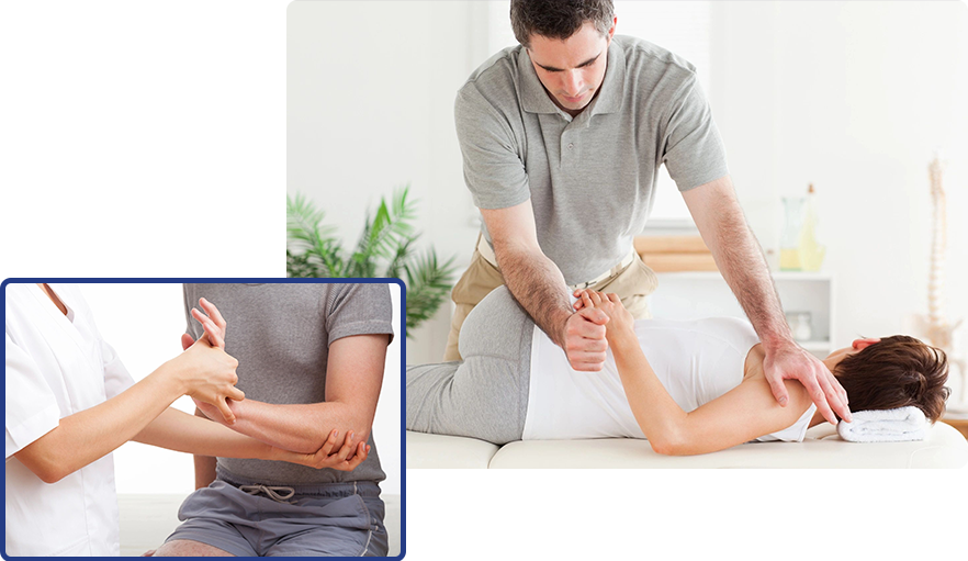 A man is stretching another person 's arm.